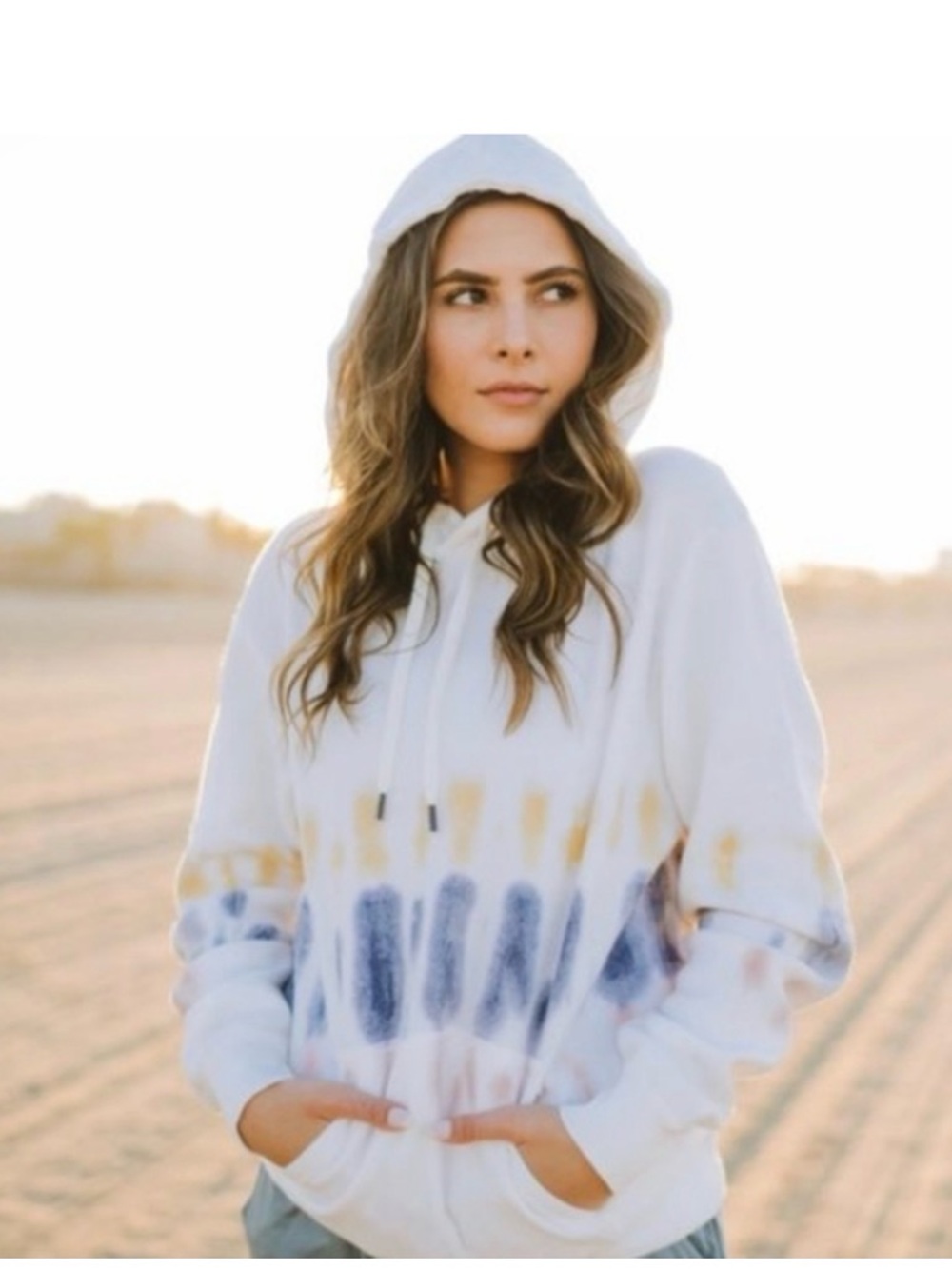 Women's White Tie-Dye Hoodie with Gray, Mustard & Blush Accents - Picture 1 of 3